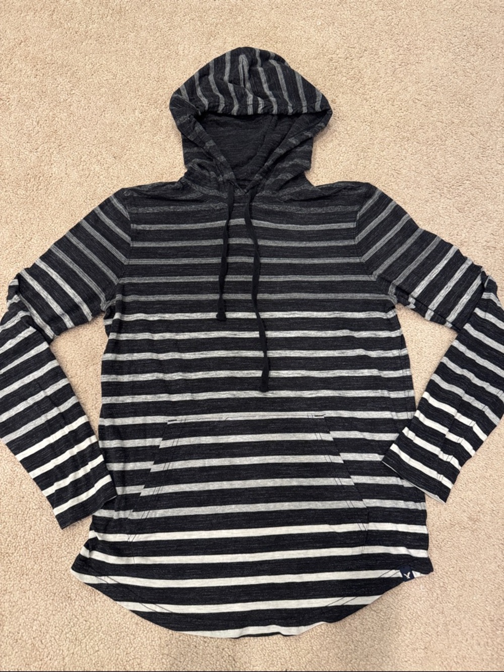 American Eagle Striped Hooded Pullover Sweatshirt in Black and Heather Gray